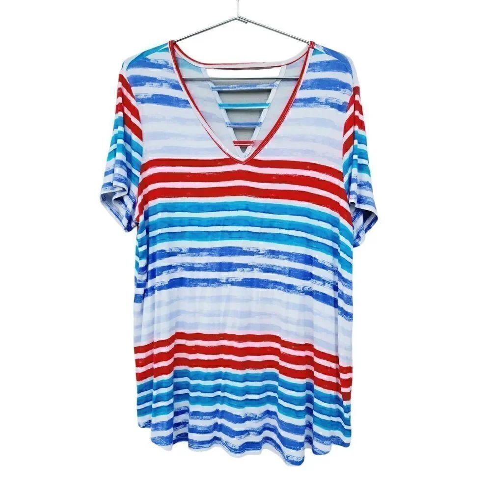 Lane Bryant Striped Blouse V-Neck Tee Strappy Cutout Back Patriotic Size 14/16